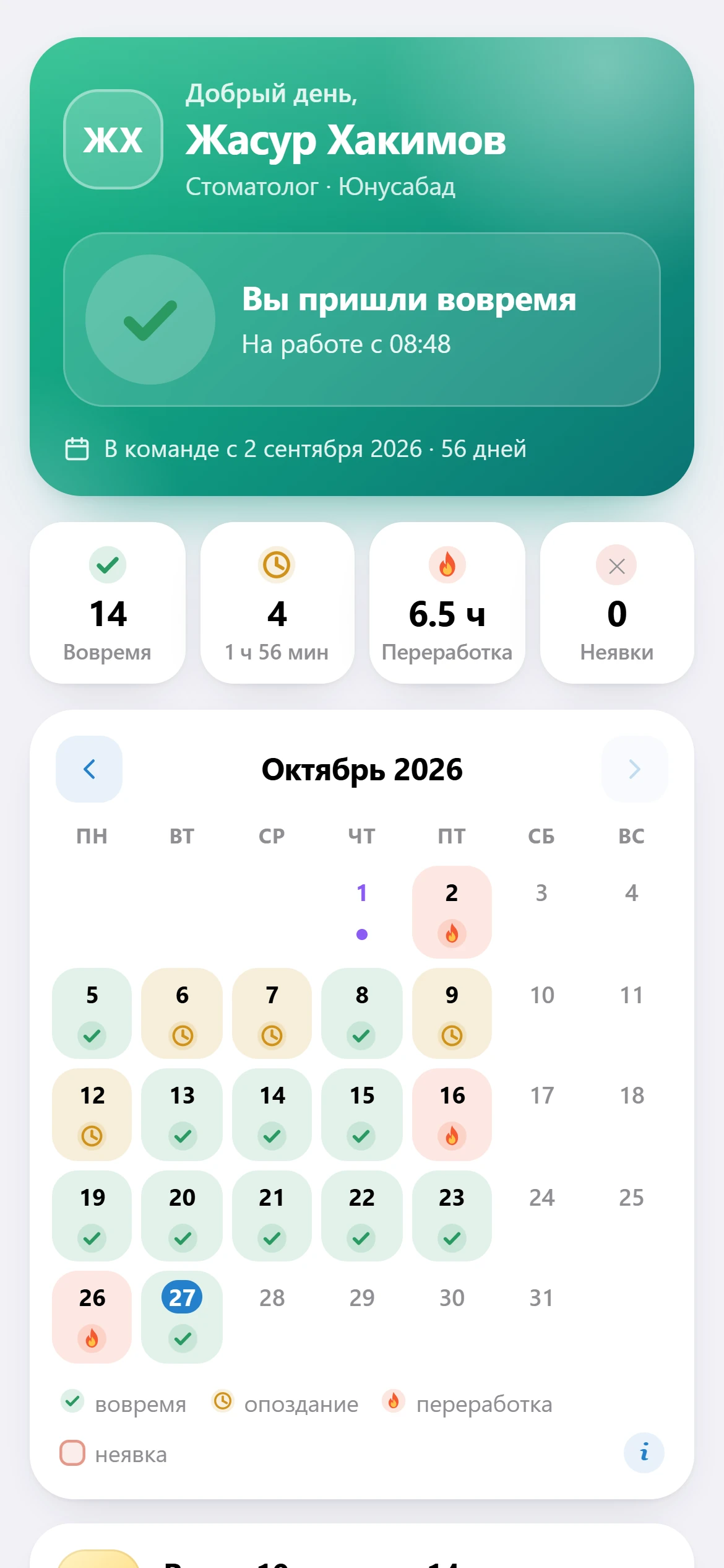 Экран сотрудника после отметки