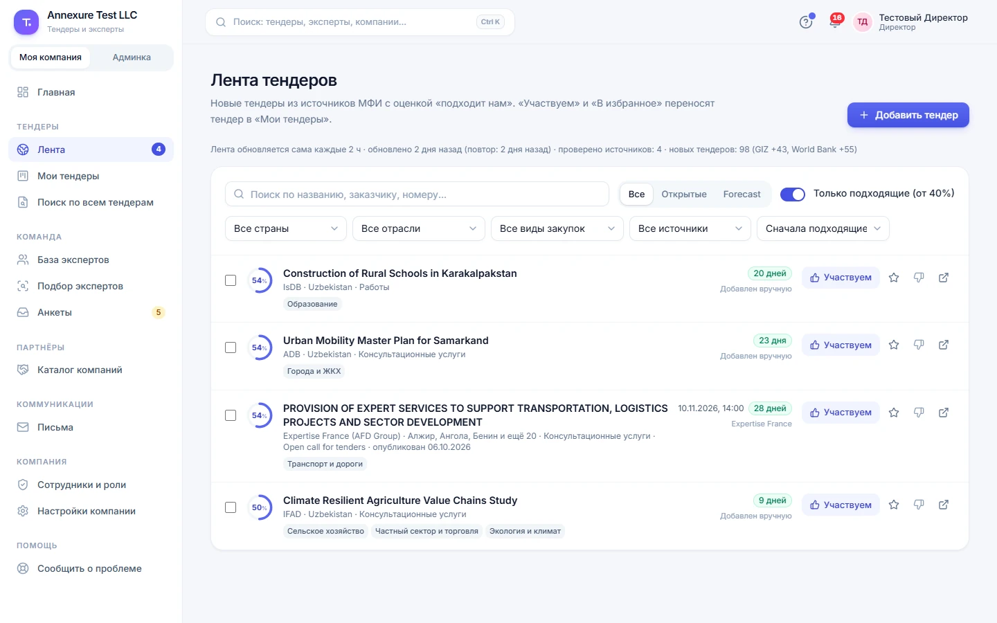 Tender feed with relevance scores